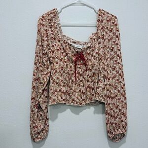 Altar'd State Ivory And Rust Floral Tie Front Babydoll Blouse